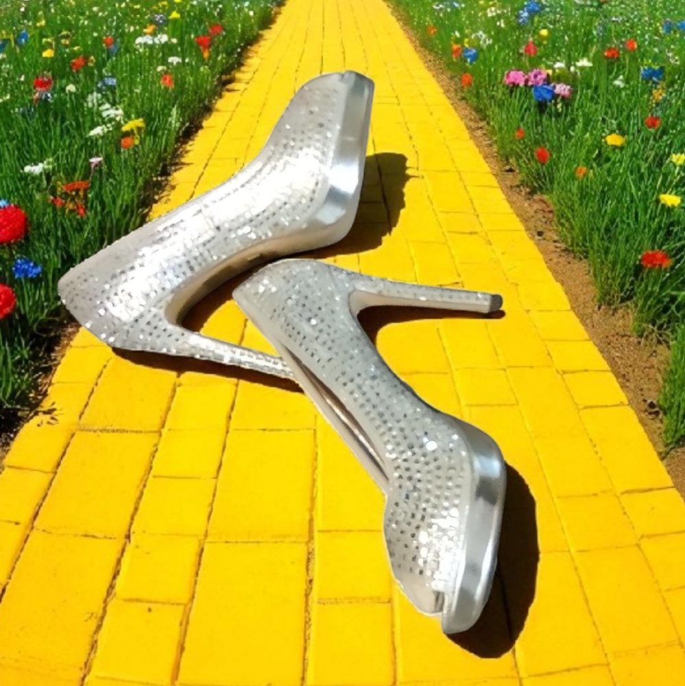 Lauren Lorraine Sparkling Silver Heels Peep Toe Pumps Candie 12 Women's Size 9
